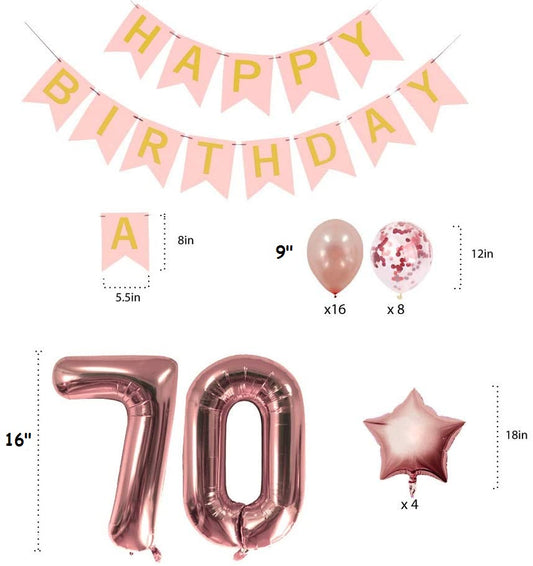 Rose Gold Sweet Party Supplies - Sweet Gifts for Girls - Birthday Party Decorations - Happy Birthday Banner, Number and Confetti Balloons (70th Birthday)