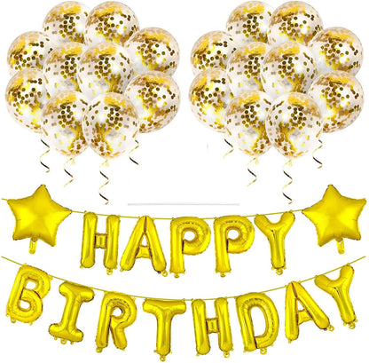 Gold Happy Birthday Decorations-Balloons Letter Banner Set ,Star Foil Balloon And Confetti Balloons