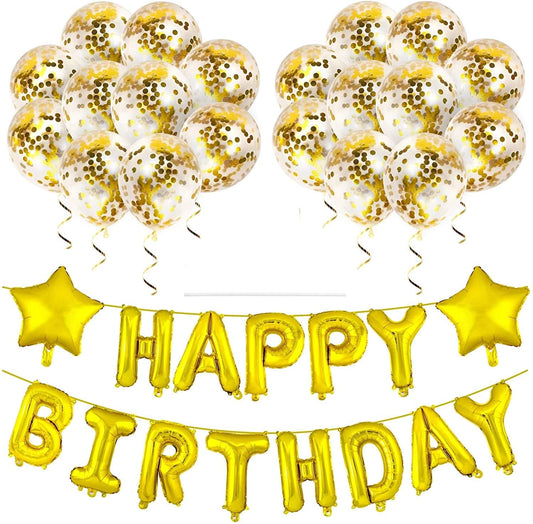 Gold Happy Birthday Decorations-Balloons Letter Banner Set ,Star Foil Balloon And Confetti Balloons