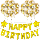 Gold Happy Birthday Decorations-Balloons Letter Banner Set ,Star Foil Balloon And Confetti Balloons