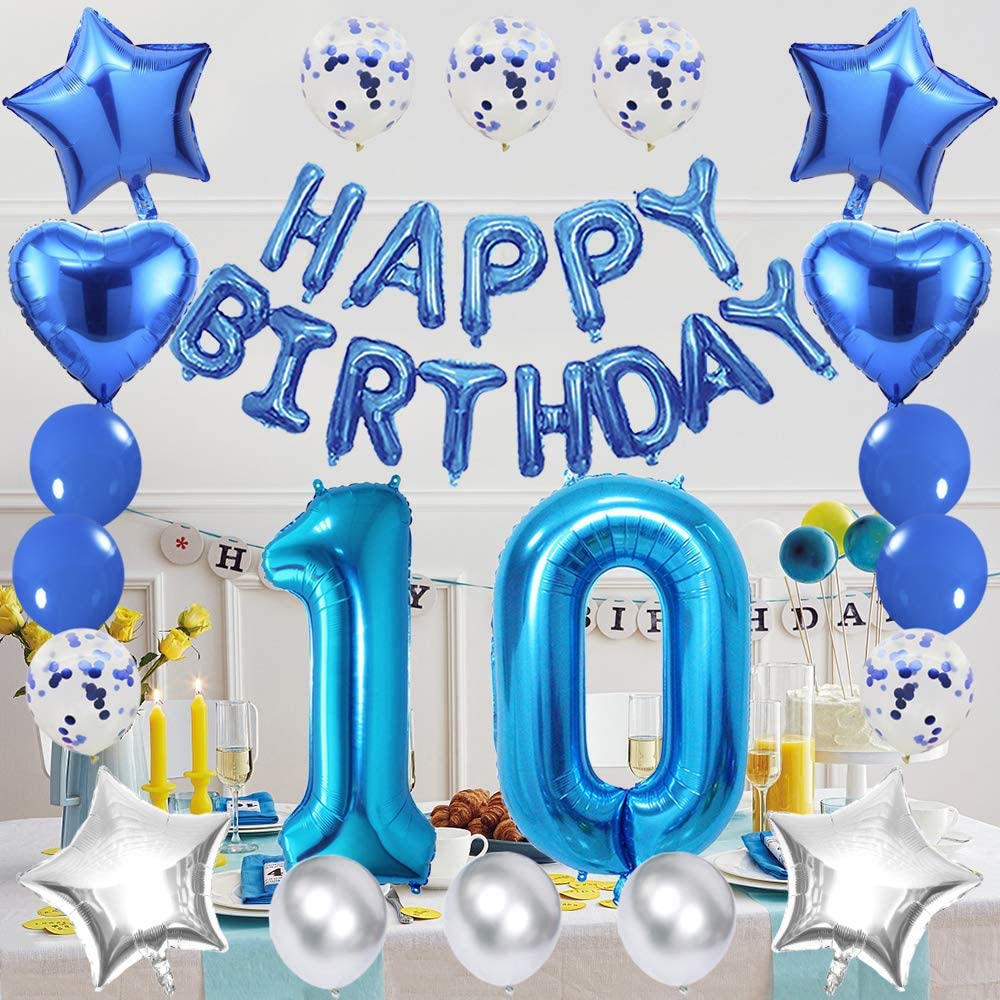 10Th Blue Birthday Party Decorations Kit -Happy Birthday Banner With Number 10 Blue And Foil Balloons(Pack Of 59 Pc)