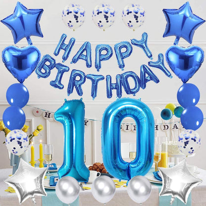 10Th Blue Birthday Party Decorations Kit -Happy Birthday Banner With Number 10 Blue And Foil Balloons(Pack Of 59 Pc)