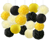 Yellow Black And Creme Tissue Paper Pom Poms And Paper Lanterns -Birthday Party Decorations
