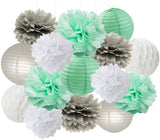 Tissue Paper Pom Poms And Paper Lanterns -Green ,Silver And White