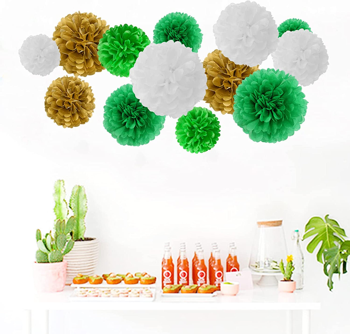 Green White  and Gold  Tissue Paper Pompom for Decorations