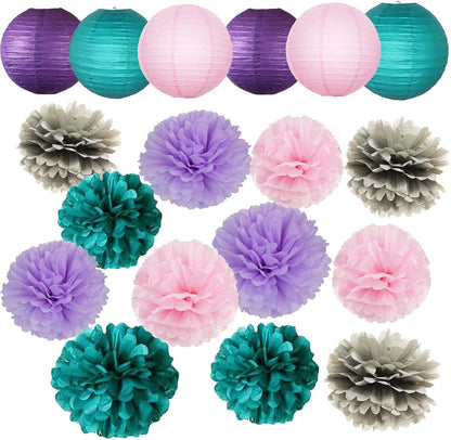 Pink ,Green And Purple Tissue Paper Pom Poms And Paper Lanterns -Birthday Party Decorations
