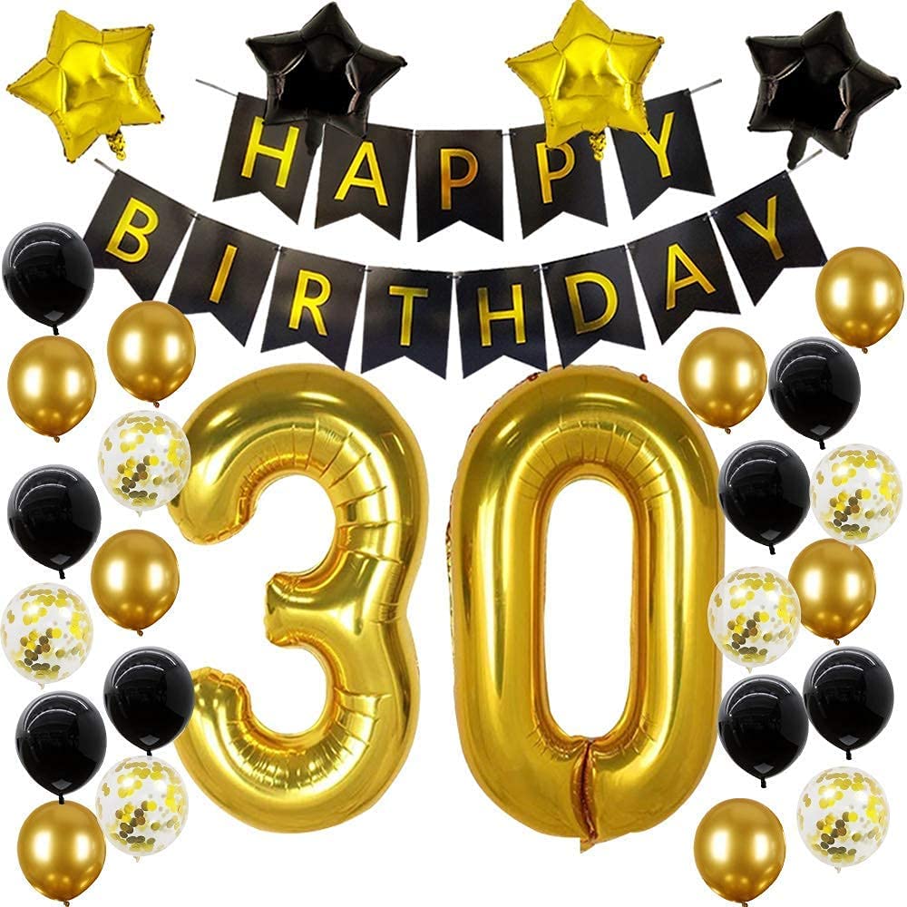 30th Birthday Party Supplies Balloons Black and Gold Decorations