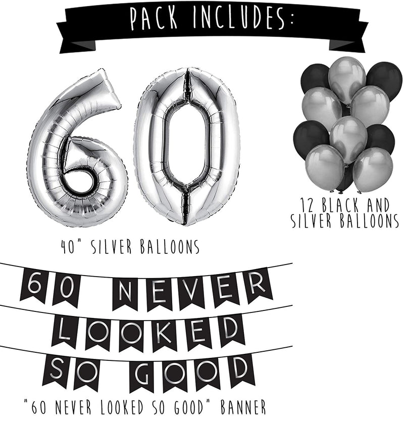60 Birthday Party Pack - Black & Silver Happy Birthday Bunting and  Balloon,