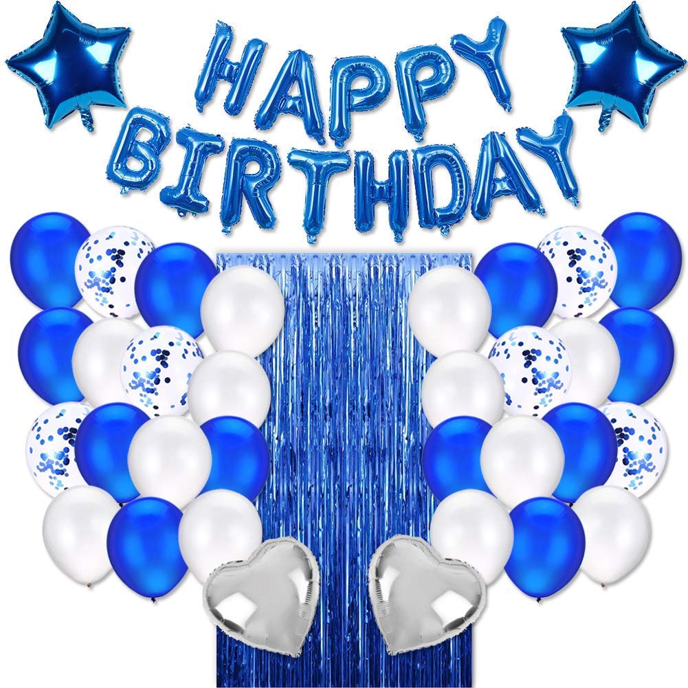 Blue Birthday Party Decorations Set With Happy Birthday Balloons Banner, Confetti Balloons, Foil Fringe Curtain For Birthday Party Supplies