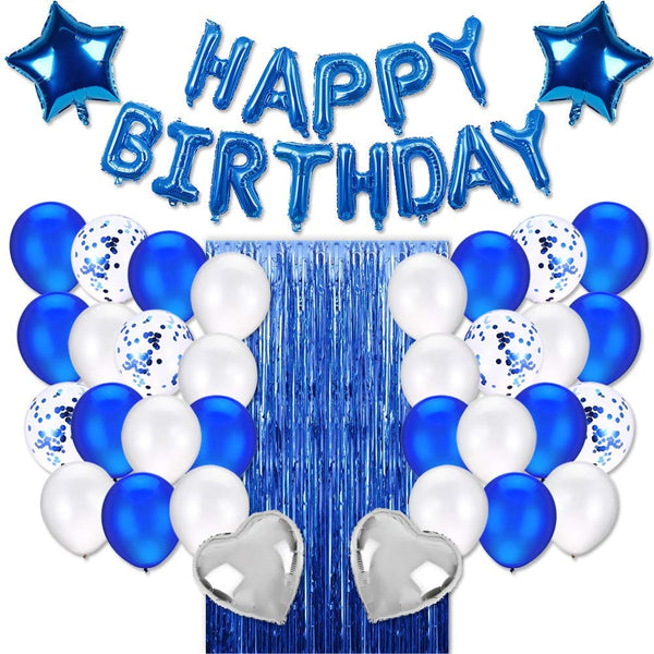 Blue Birthday Party Decorations Set With Happy Birthday Balloons Banner, Confetti Balloons, Foil Fringe Curtain For Birthday Party Supplies