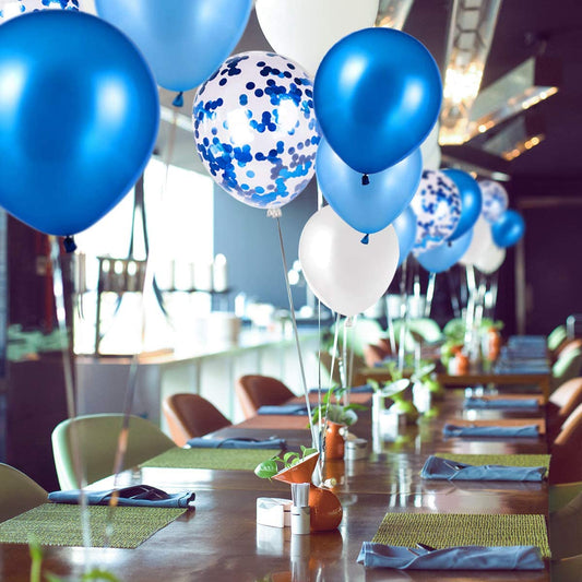 Metallic Blue And White Balloons &  Blue Confetti Balloon (With Ribbon)