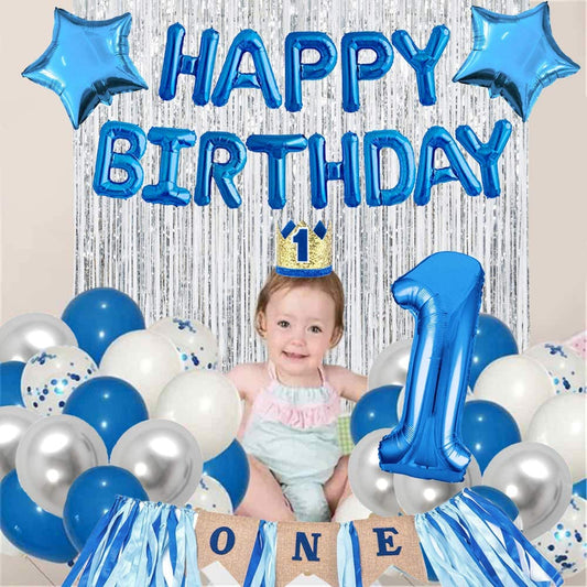 Blue And Silver First Happy Birthday Banner Decorations Combo- 59Pcs Set Kit