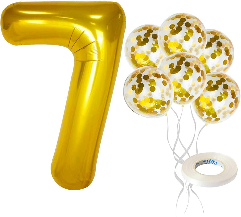 Gold Number 7 & Balloon Set - Large 32 Inch | Gold Confetti Balloons, Pack Of 5