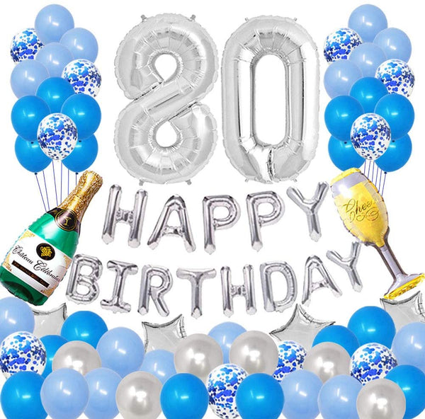 80Th Birthday Blue and Silver Party Decorations Kit