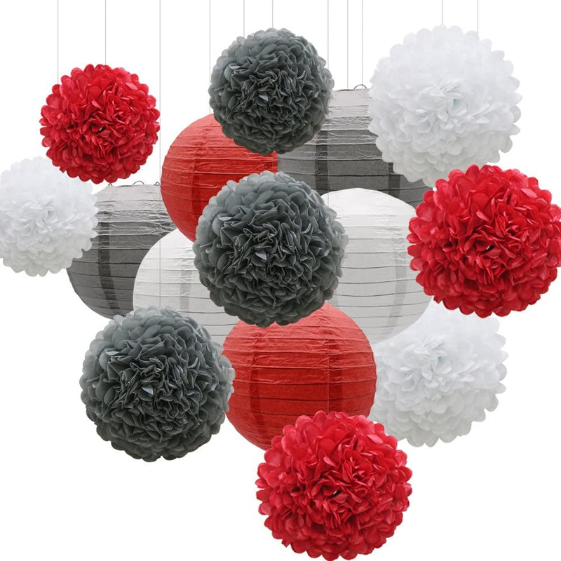 Red Silver And White Tissue Paper Pom Poms And Paper Lanterns -Birthday Party Decorations