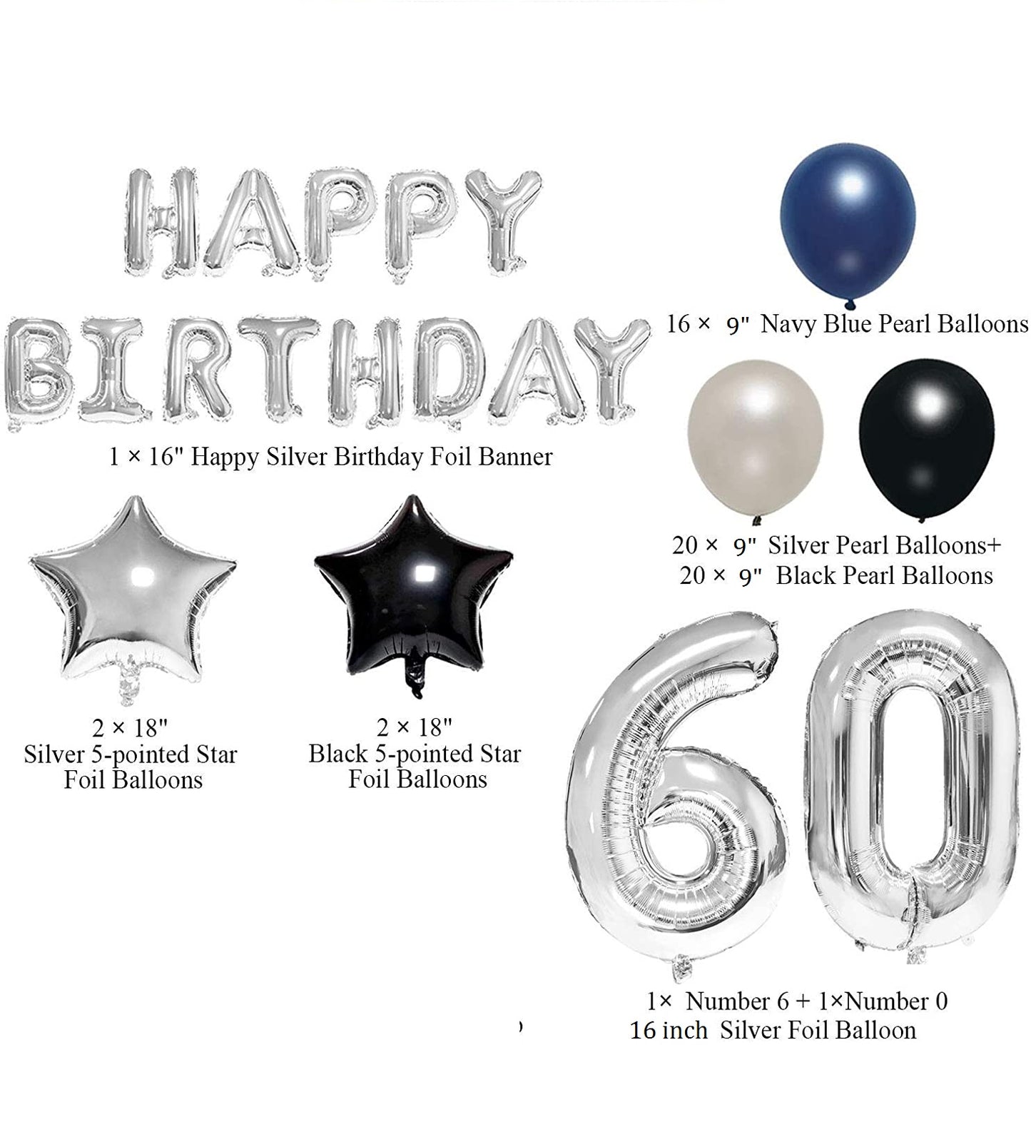 60th Birthday Decoration Kit for Navy Blue,Black & Silver