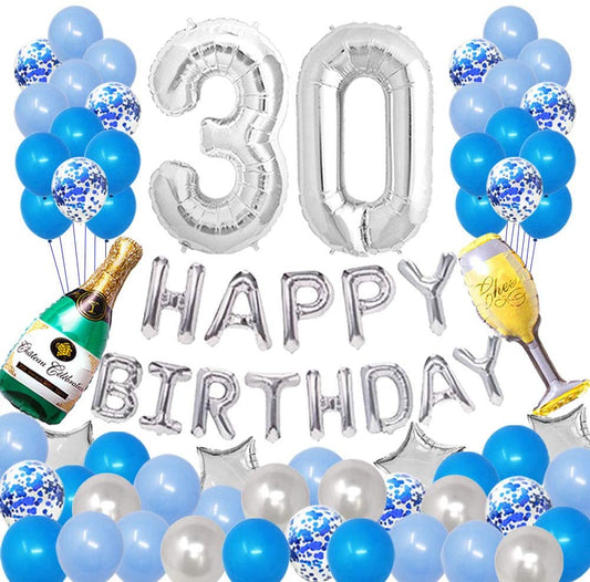 30th Birthday Party Blue and Silver Decorations Set