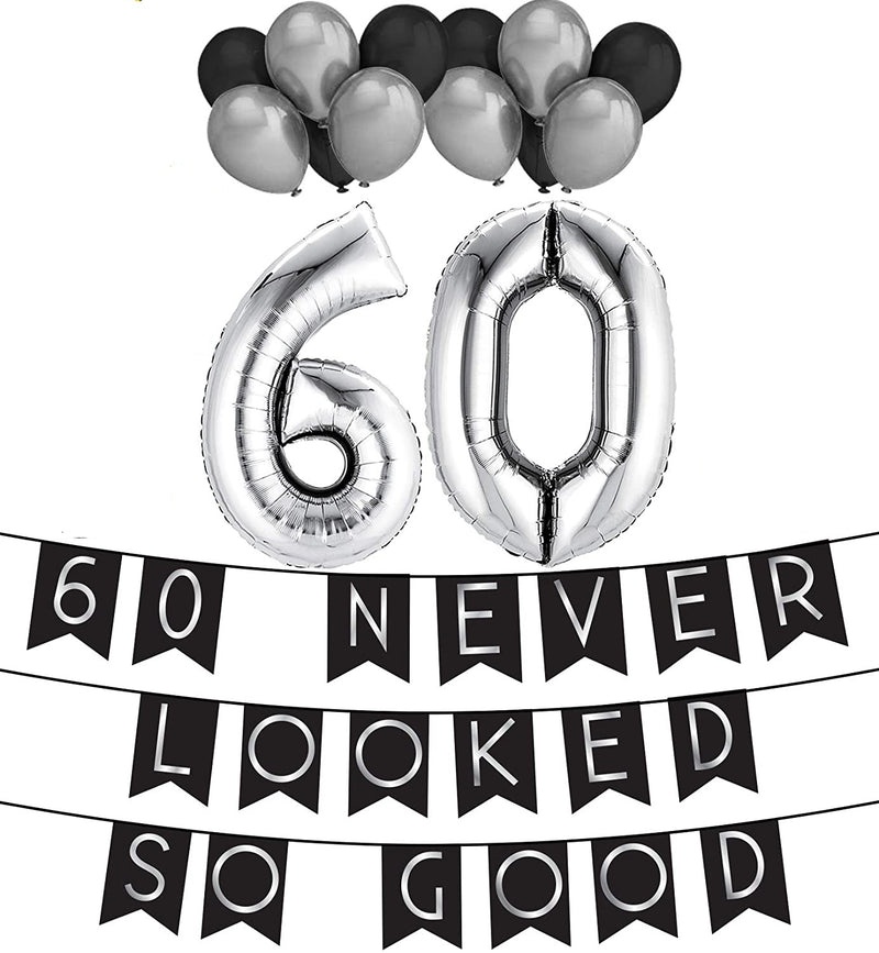 60 Birthday Party Pack - Black & Silver Happy Birthday Bunting and  Balloon,