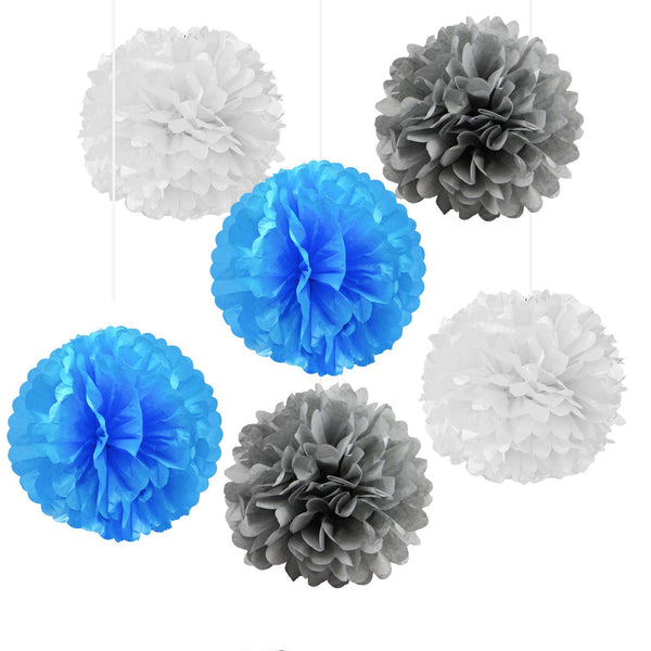 White Blue And Silver Pompom Flower Decoration