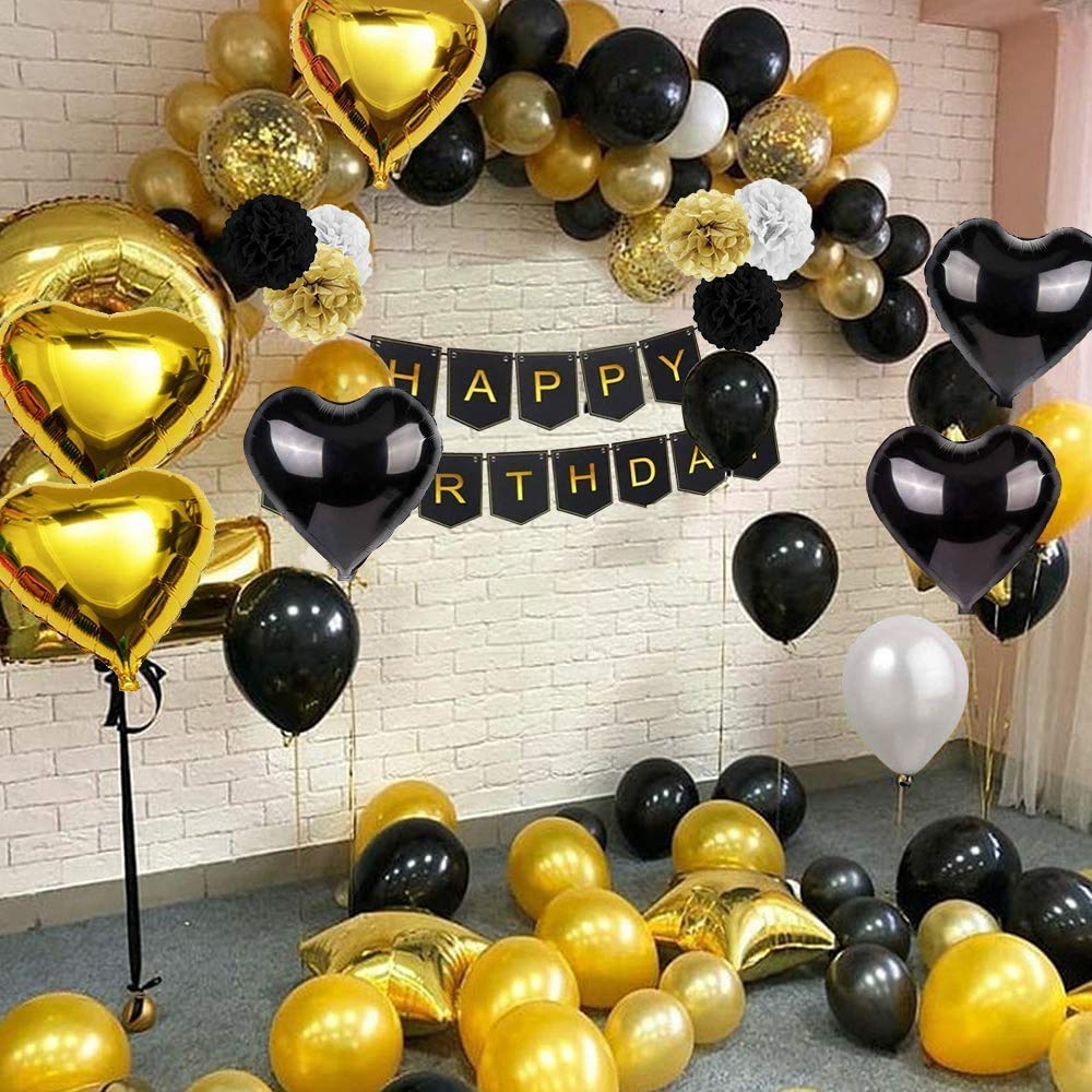 Black And Gold Party Decorations Confetti Balloons With Banner, Star Heart Foil Balloons ,Paper Pompoms