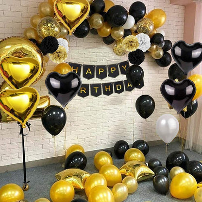 Black And Gold Party Decorations Confetti Balloons With Banner, Star Heart Foil Balloons ,Paper Pompoms
