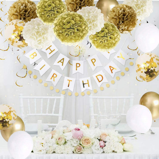 Gold White Birthday Decoration Set With Birthday Banner, Confetti Balloons, Paper Pom Poms