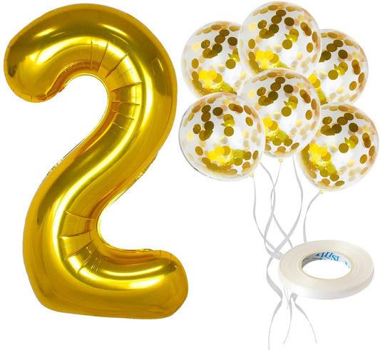 Gold Number 2 Balloon Set - Large, 32 Inch | Gold Confetti Balloons, Pack Of 5