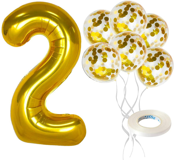 Gold Number 2 Balloon Set - Large, 32 Inch | Gold Confetti Balloons, Pack Of 5