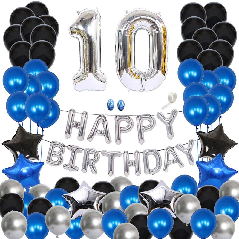 10 Birthday Party Supplies- Silver Number 10 Foil Balloon ,Happy Birthday Banner Balloon And Latex Balloon