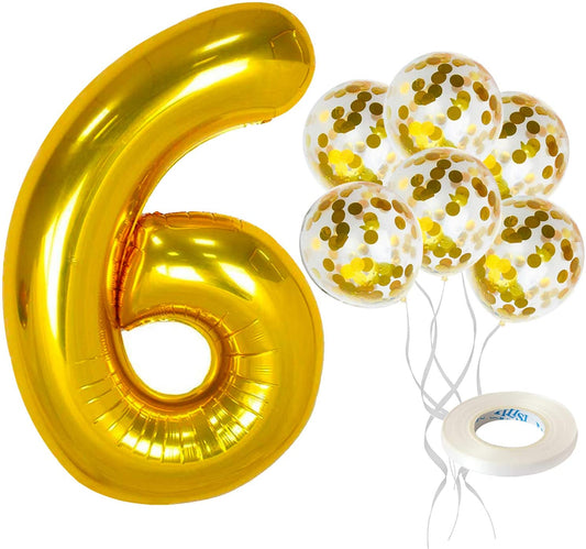 Gold Number 6 & Balloon Set - Large 32 Inch | Gold Confetti Balloons, Pack Of 5