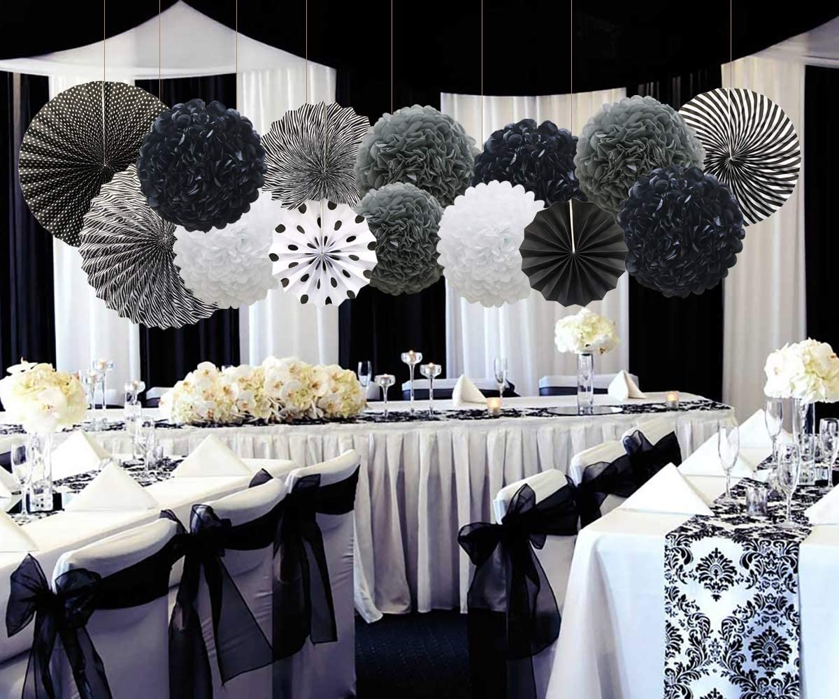 Black Hanging Paper Party Decorations,-Round Paper Fans Set Paper Pom Poms Flowers For Birthday/ Wedding /Baby Shower