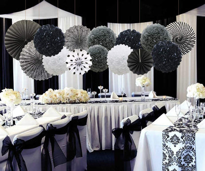 Black Hanging Paper Party Decorations,-Round Paper Fans Set Paper Pom Poms Flowers For Birthday/ Wedding /Baby Shower