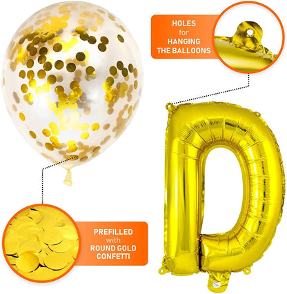 Gold Happy Birthday Decorations-Balloons Letter Banner Set ,Star Foil Balloon And Confetti Balloons