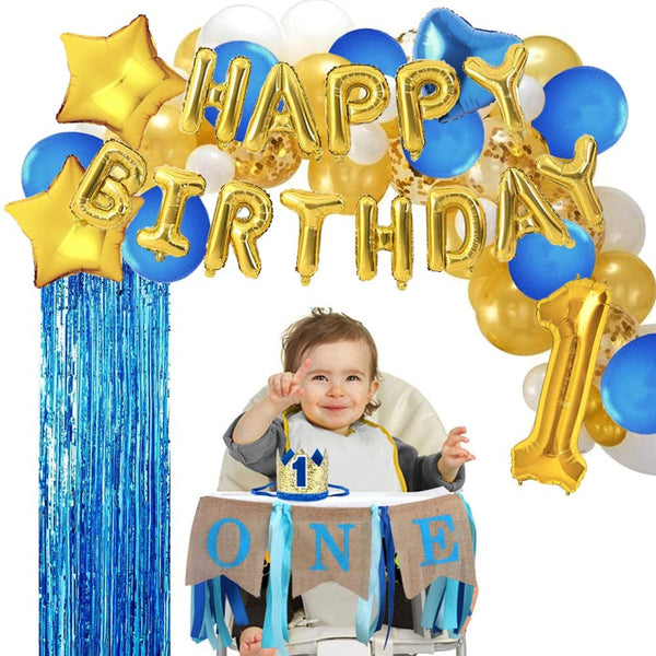 Blue And Gold First Happy Birthday Banner Decorations Combo- 59Pcs Set