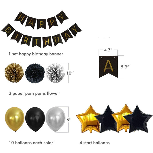 Gold And Black Happy Birthday Combo Decorative Set.