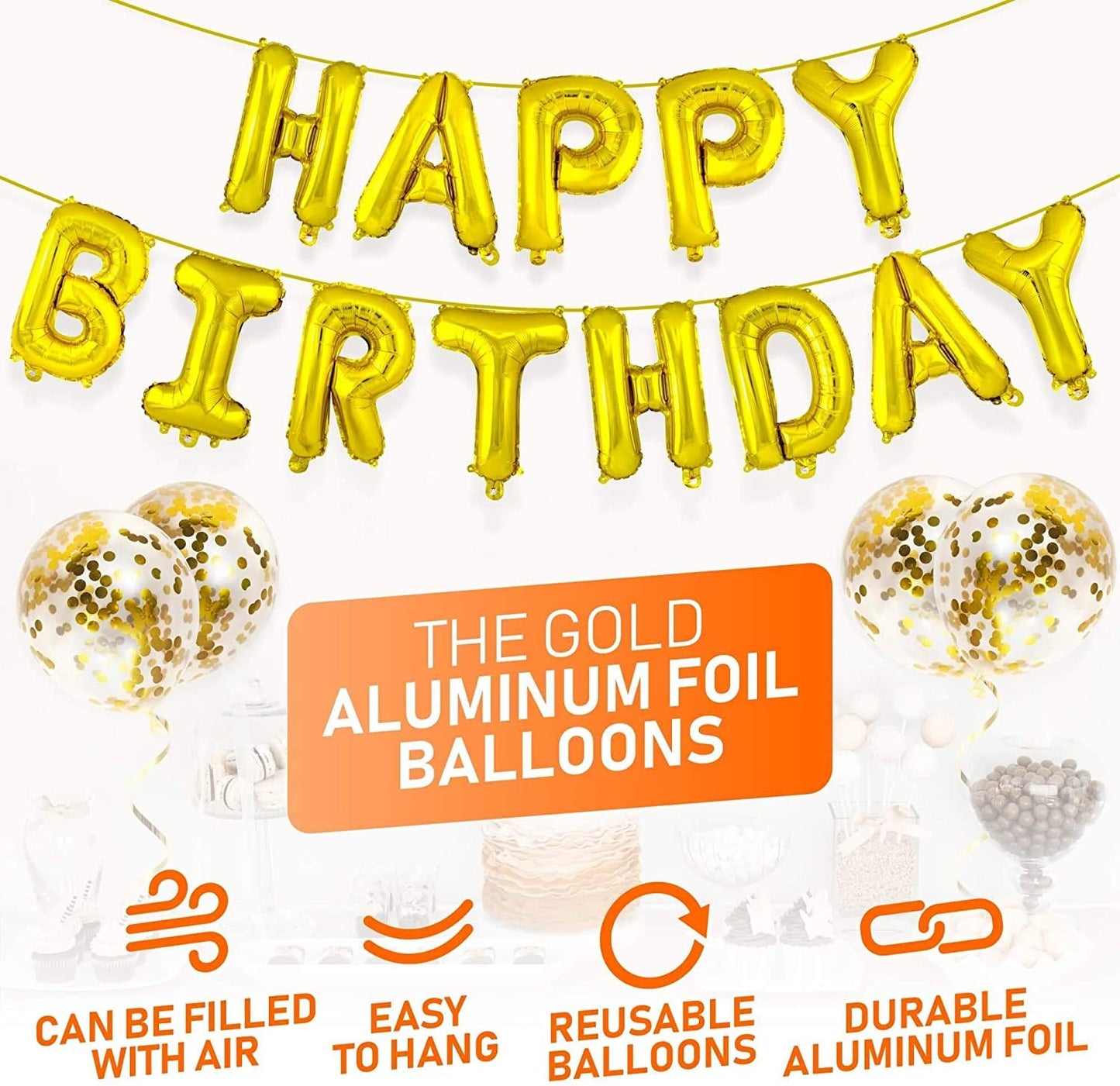 Gold Happy Birthday Decorations-Balloons Letter Banner Set ,Star Foil Balloon And Confetti Balloons