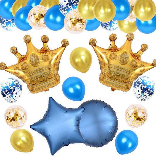 Gold And Blue Party Decorations With Crown Balloons