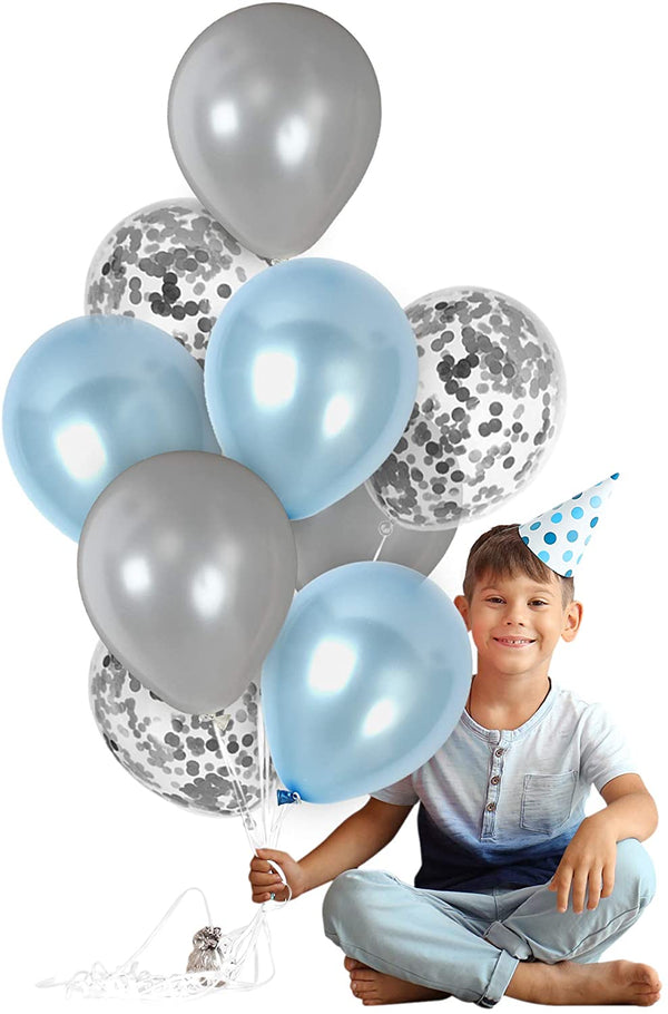 Metallic Silver And Blue Balloons And  Silver Confetti Balloon(With Ribbon)