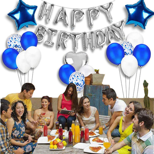 Baby Boy'S Happy Birthday Party Supplies Decorations Set With Star, Heart Foil, Latex, Confetti Balloons, Banner (Blue, Silver)