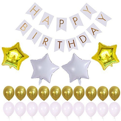 Birthday Decoration Banner & Balloons(Golden White And Silver)