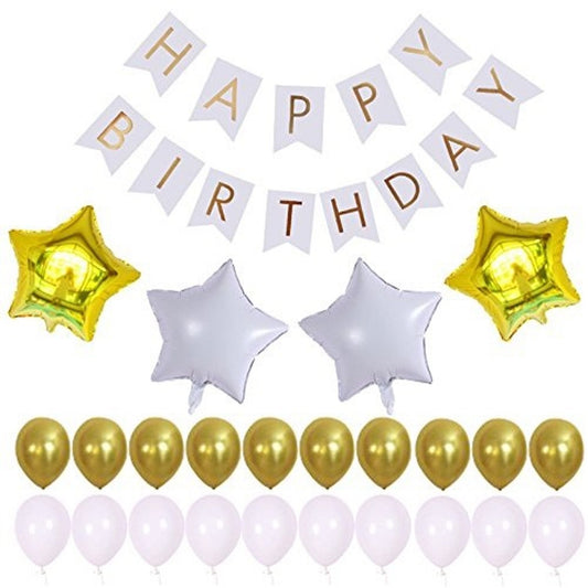 Birthday Decoration Banner & Balloons(Golden White And Silver)