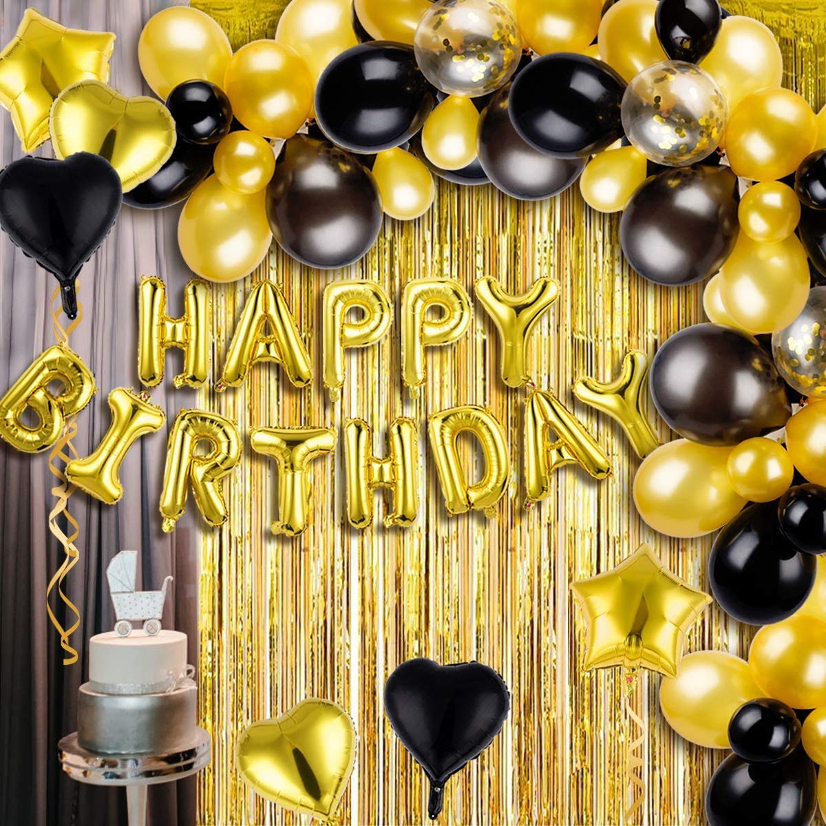 Birthday Gold And Black  Balloon Garland Kit Pack With Foil Curtains For  Birthday and all  Party Decorations
