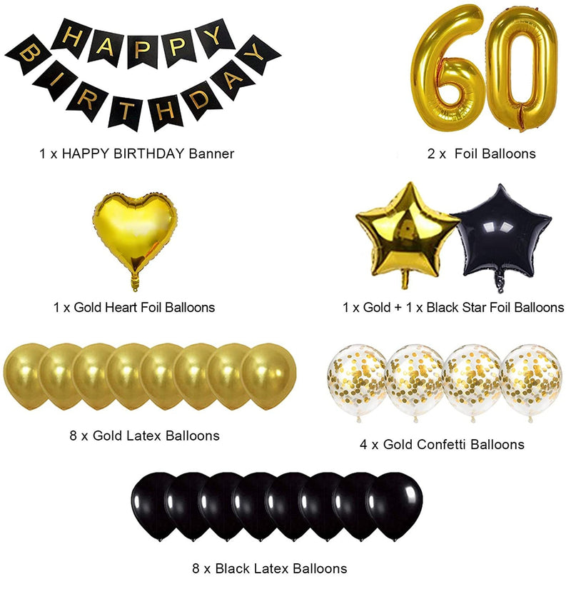 60th Birthday Party Black and Gold Decorations Kit