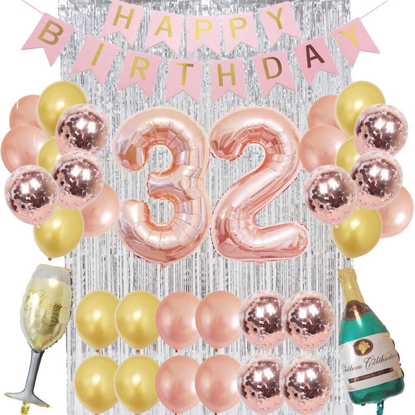 Birthday Decorations for Women Party Supplies 16 inch Rose Gold Number Foil Balloons, 30pcs Rose Gold and Champagn Gold Balloons, Great Gifts for Women' (32nd Birthday)