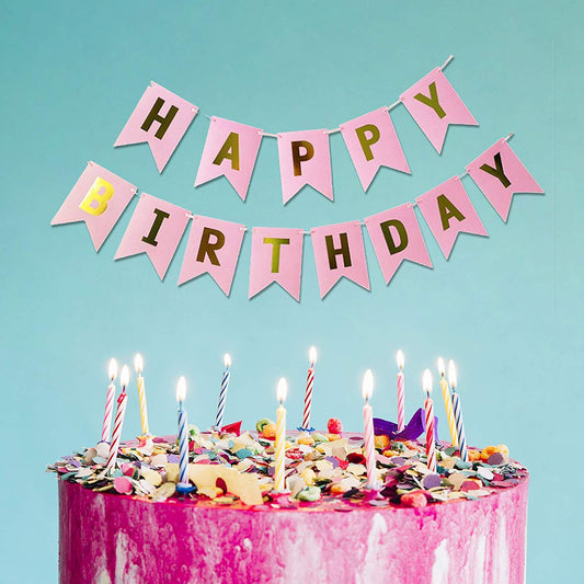 Pink And Gold Birthday Decorations -Happy Birthday Banner, Balloons, Pom Poms,Star And Heart Foil Balloons