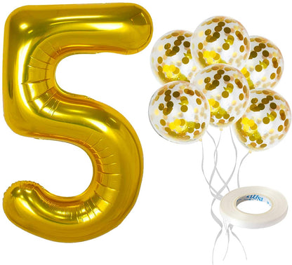 Gold Number 5 & Balloon Set - Large 32 Inch | Gold Confetti Balloons, Pack Of 5