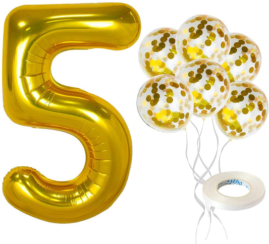 Gold Number 5 & Balloon Set - Large 32 Inch | Gold Confetti Balloons, Pack Of 5