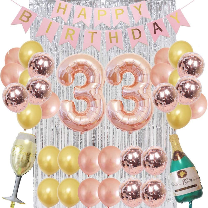 Birthday Decorations for Women Party Supplies 16 inch Rose Gold Number Foil Balloons, 30pcs Rose Gold and Champagn Gold Balloons, Great Gifts for Women' (33th Birthday)