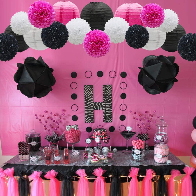 Pink ,Black And White Tissue Paper Pom Poms And Paper Lanterns