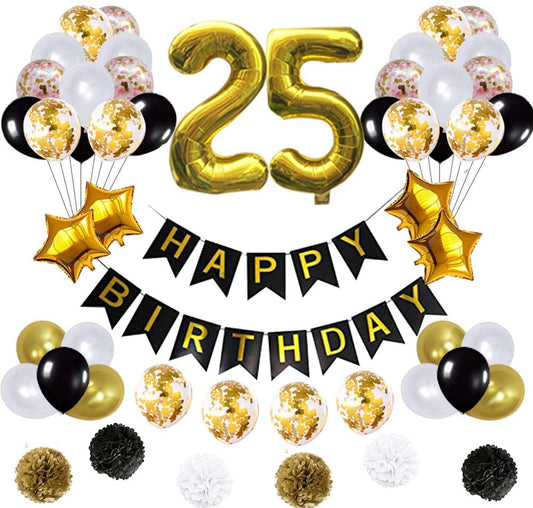 25 Birthday Decorations Ballons, Happy Birthday Banner/Pom Pom Flowers/Gold Balloons/Latex Balloons/Number 25 Foil Ballons Gold